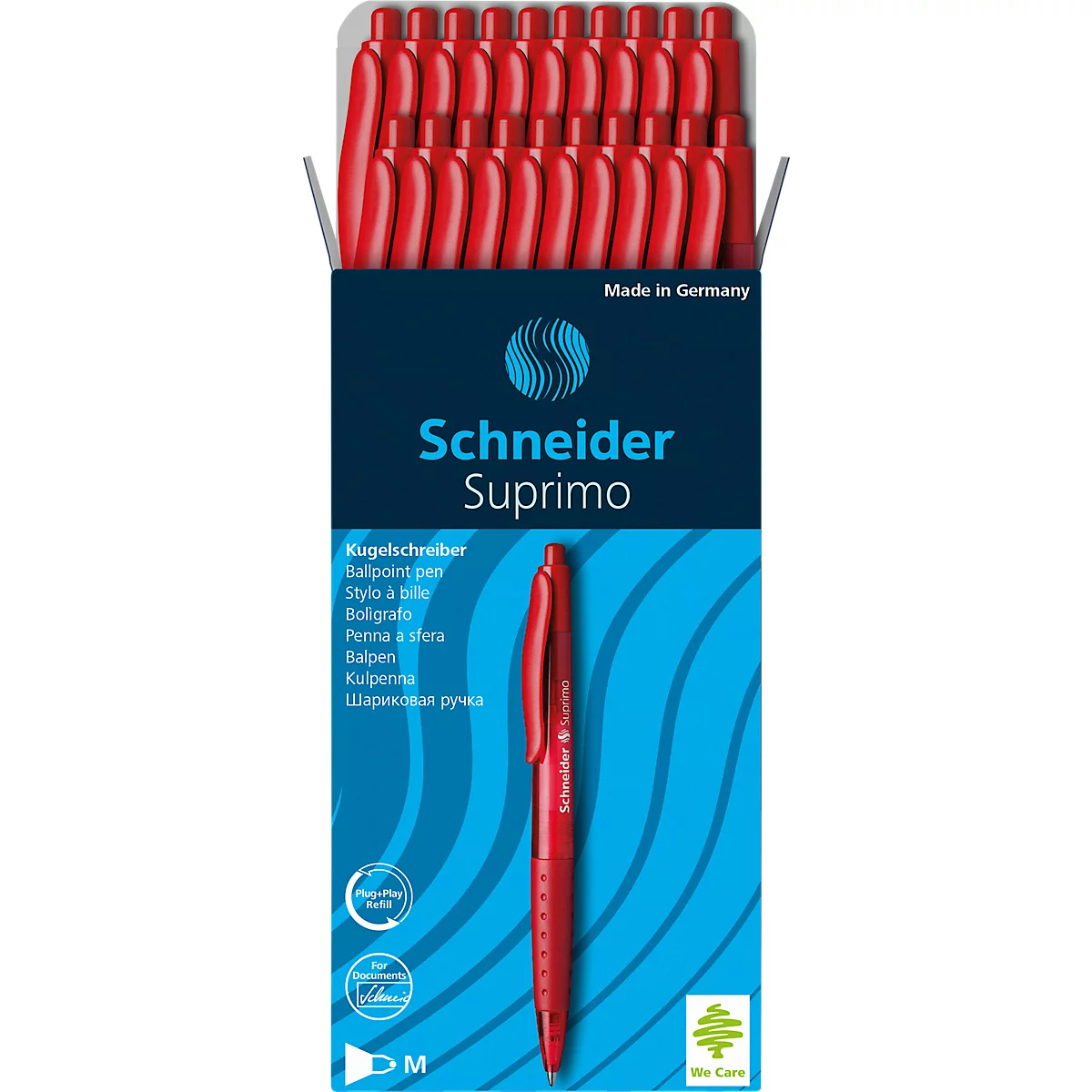 Kugelschreiber Schneider Suprimo, Schreibfarbe Rot, Strichstärke M, Edelstahlspitze, gummierter Griff, 20 Stück, Rot