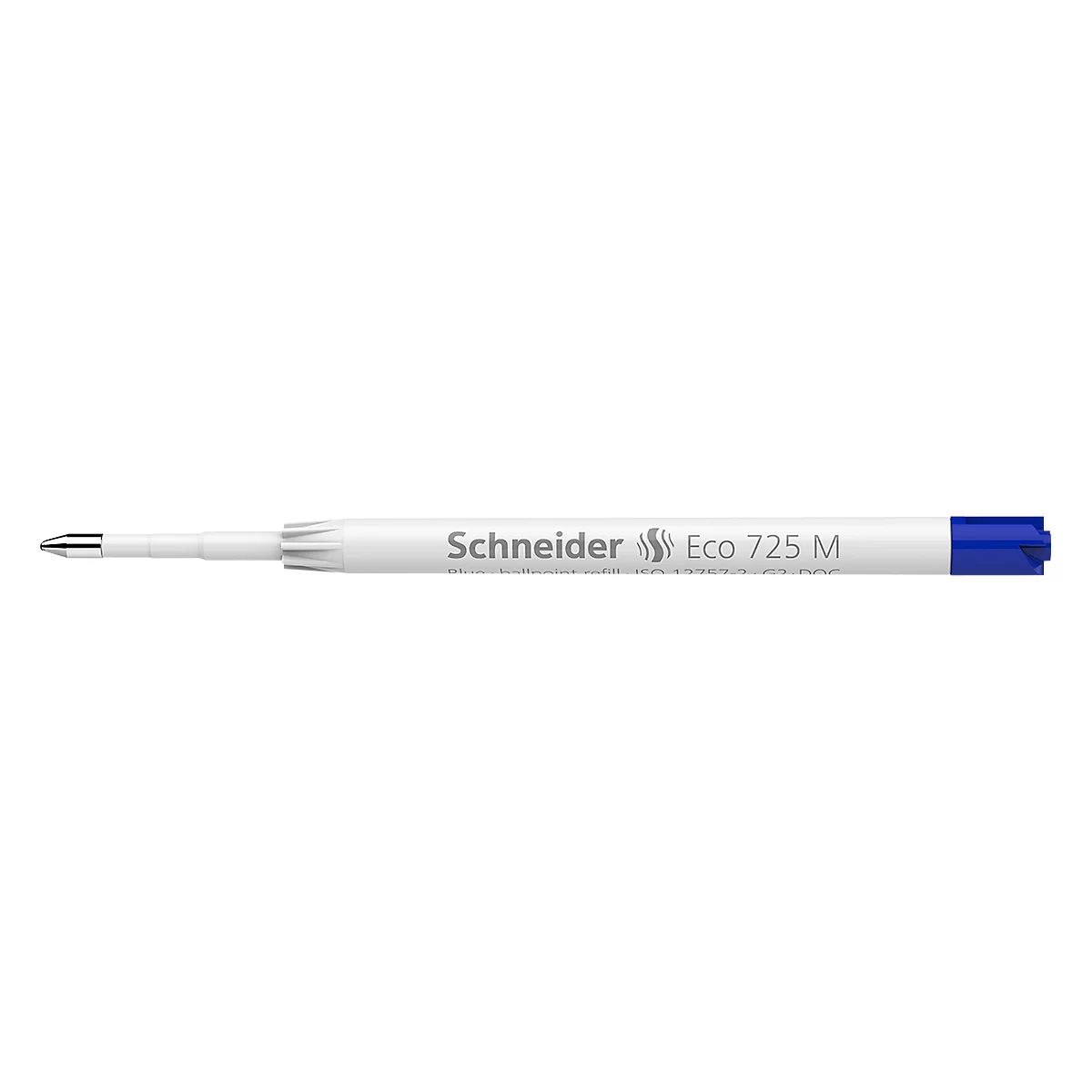 Nahaufnahme eines weißen Schneider-Filzstifts mit blauer Kappe. Auf dem Stift steht "Schneider Eco 725 M".