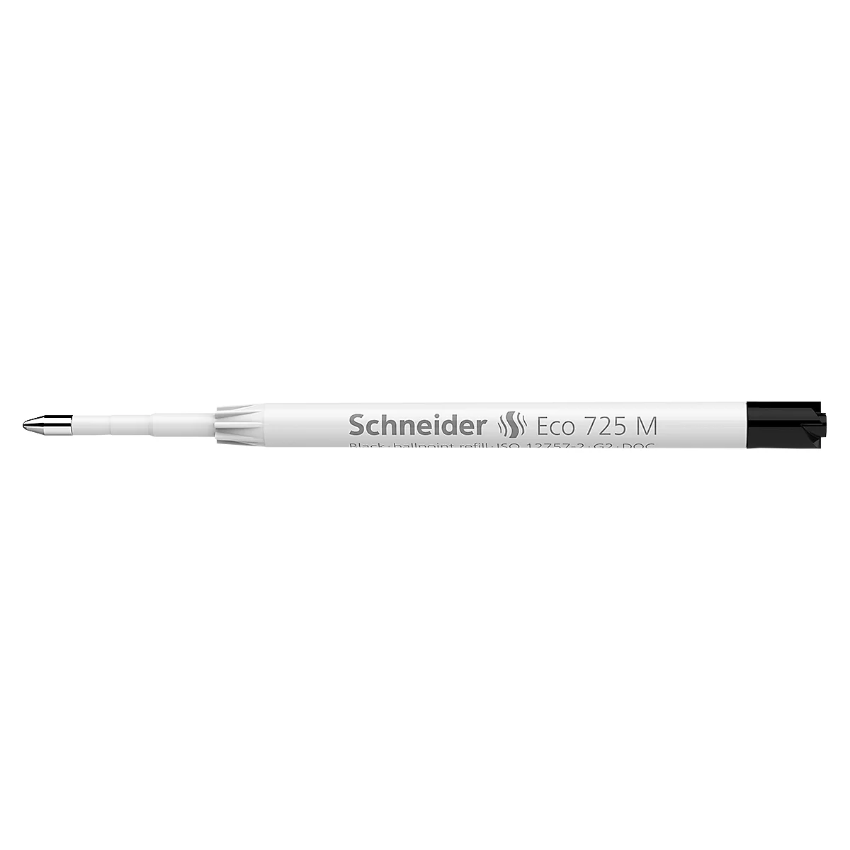 Weißer Stift mit schwarzer Kappe, Aufschrift: Schneider Eco 725 M.