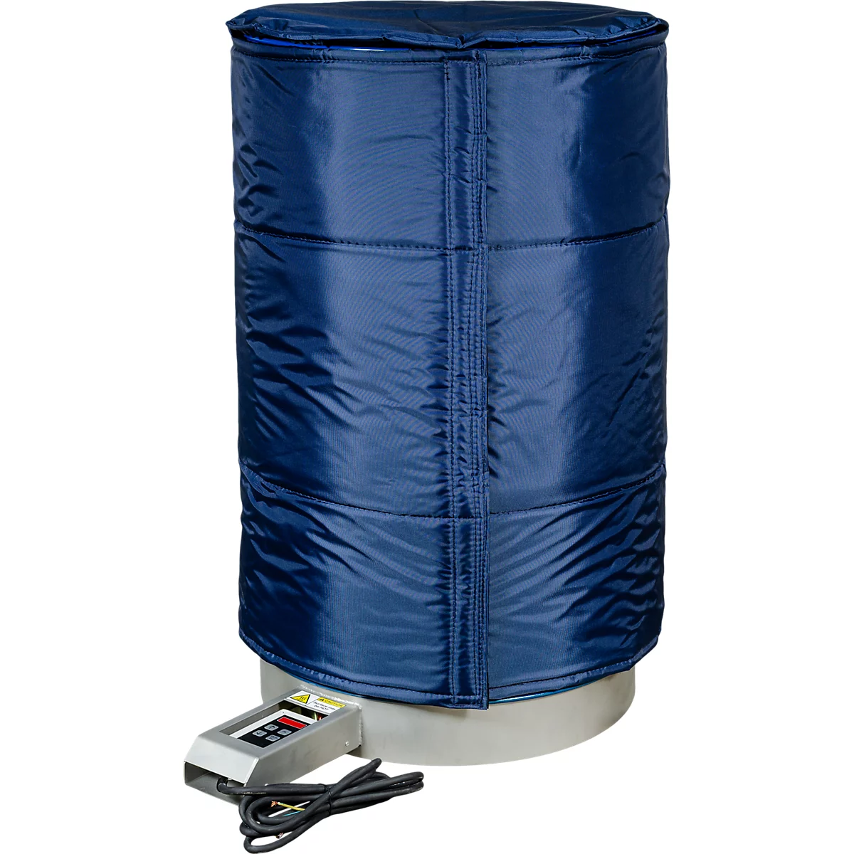 Conteneur cylindrique bleu avec housse matelassée, commande et câble.