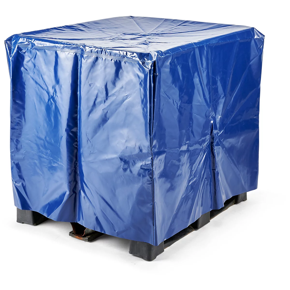 Housse de palette bleue sur une palette noire. La housse est brillante et comporte des plis.