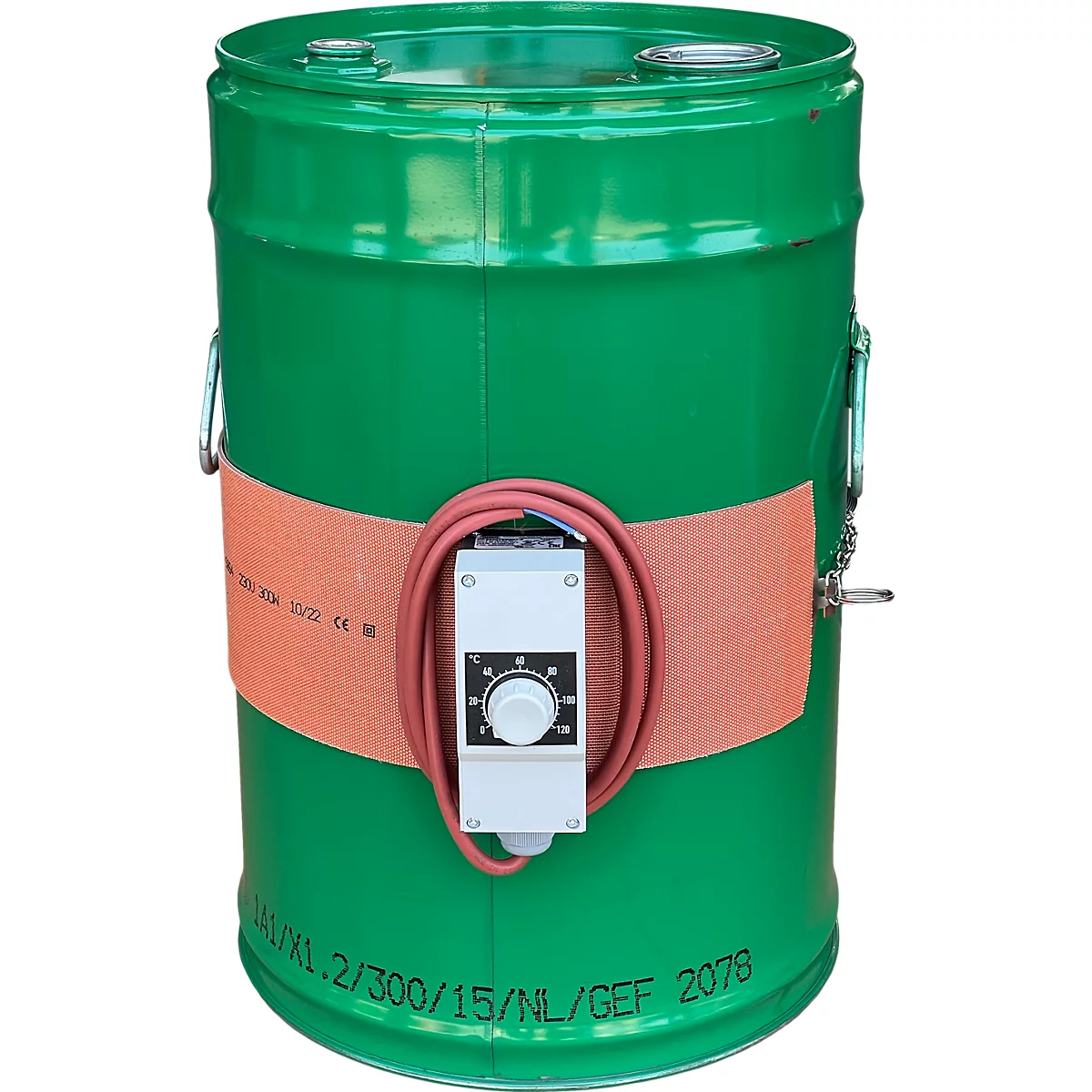 Grüner Fassheizmantel, orangefarbener Heizgürtel, Temperaturregler.