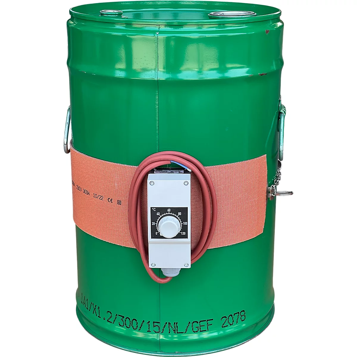 Grüner Fassheizmantel, orangefarbener Heizband und Thermostat.