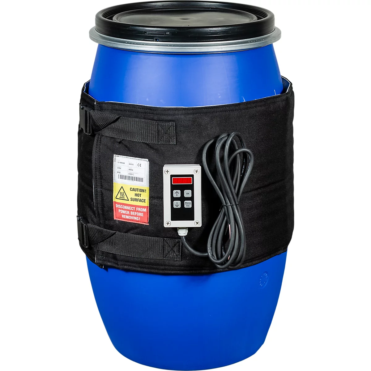 Blauer Fass mit schwarzem Heizmantel und Steuerung. Vorsichtshinweis. Schwarzes Kabel. Deckel.