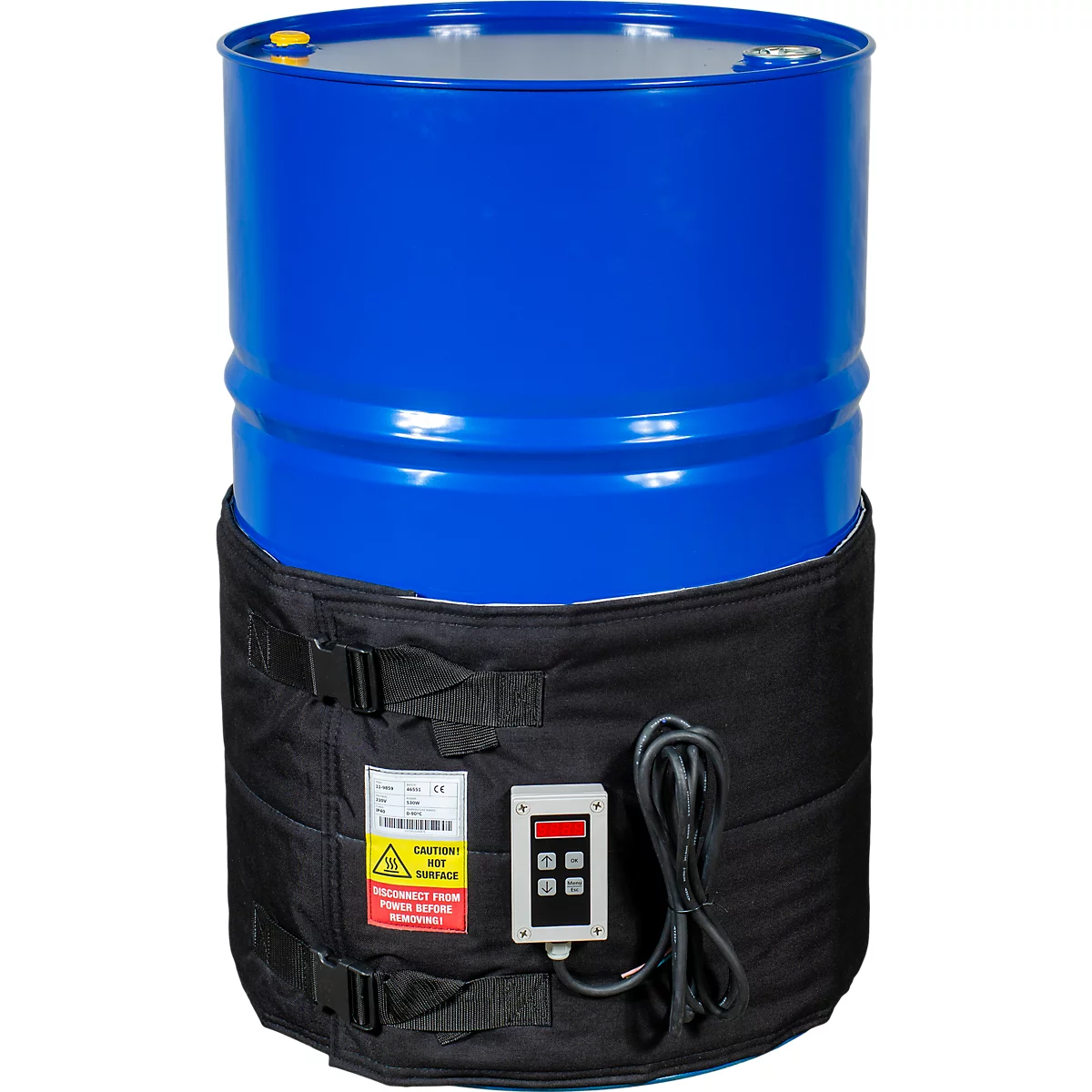Blauer Heizfassmantel umgibt einen blauen Stahlfass. Auf dem Mantel befindet sich ein Bedienfeld mit Warnhinweisen und Gurten.