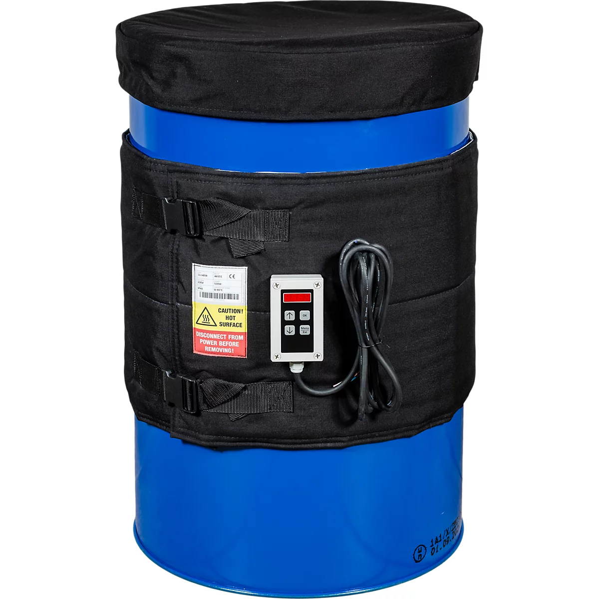 Blauer Fass mit schwarzem Heizmantel und Steuerung, Warnhinweis.
