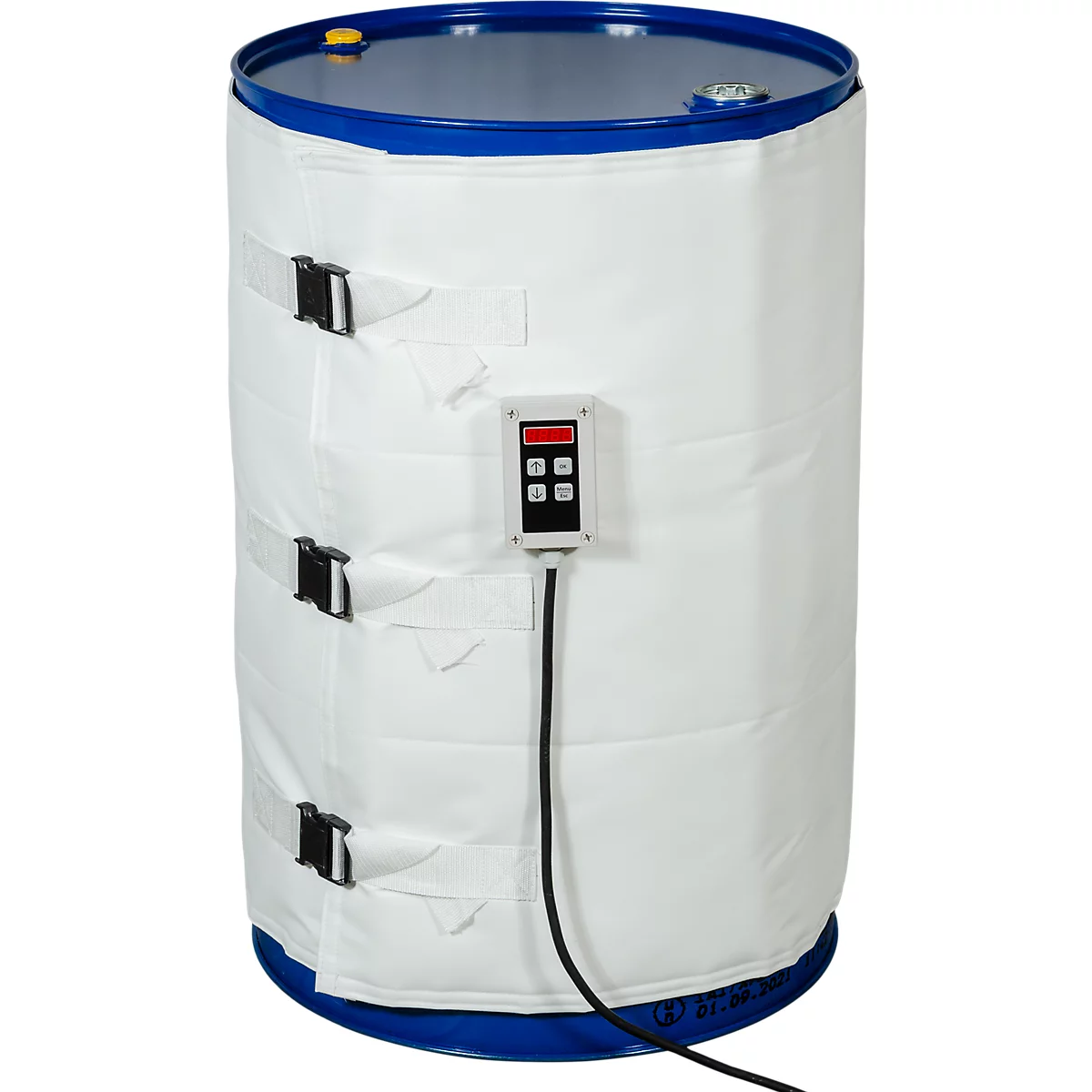 Blauer Metallfass, umhüllt von einer weißen Isoliermatte. Es hat drei Gurte mit Schnallen und ein Bedienfeld.