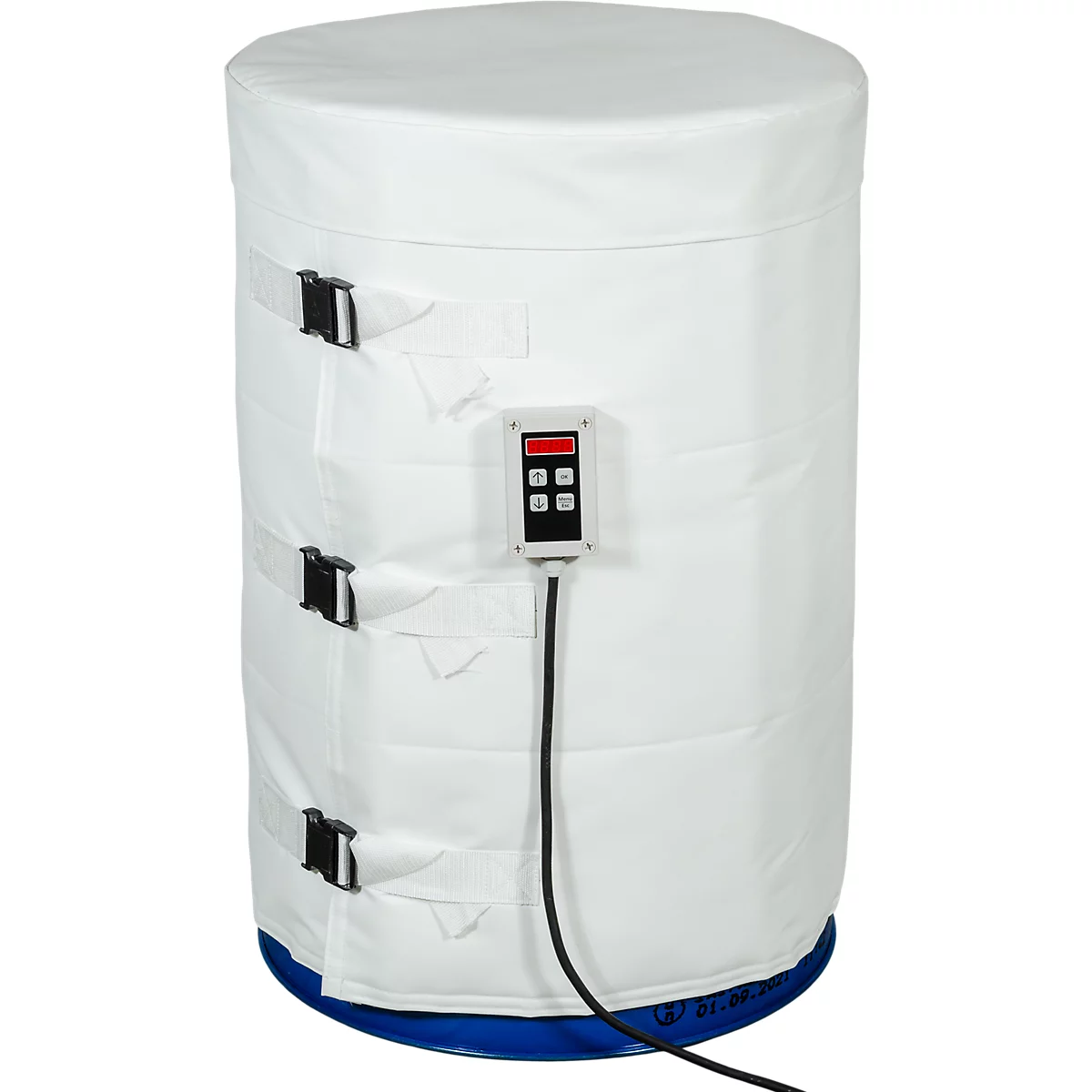 Zylindrischer Wärmeschrank, weiß. Schwarzes Bedienfeld mit Display, Gurte mit Schnallen.