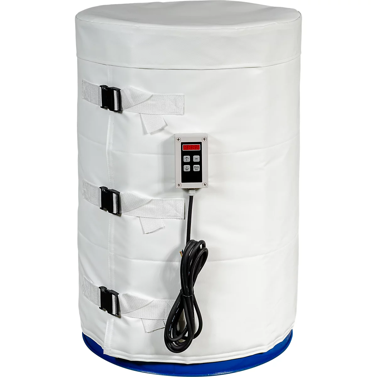 Zylindrische Heizmanschette mit digitalem Bedienfeld, weißen Gurten und schwarzem Kabel.
