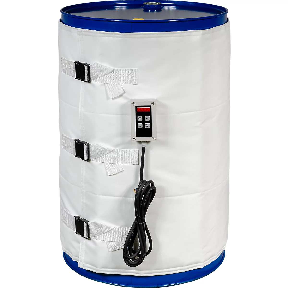 Weißer Fassheizer mit schwarzem Kabel und Steuerung. Drei Gurte mit Schnallen halten ihn am blauen Metallfass.