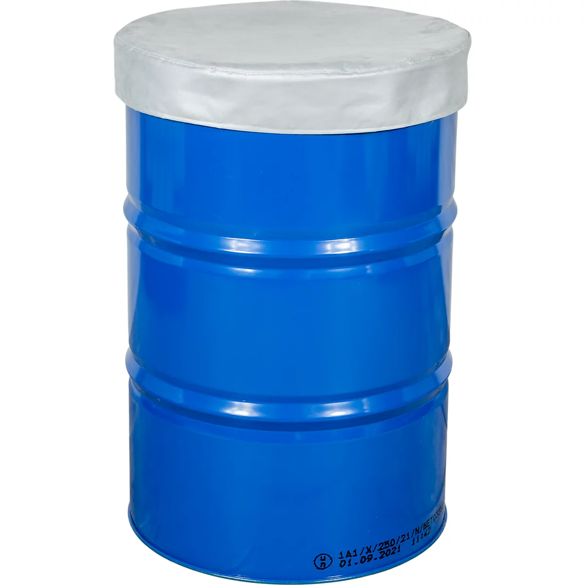 Blauer Metallfass mit Deckel.