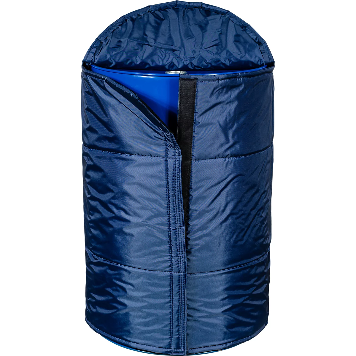Blauer, gepolsterter Fassmantel mit Reißverschluss, schützend um ein blaues Fass gewickelt.
