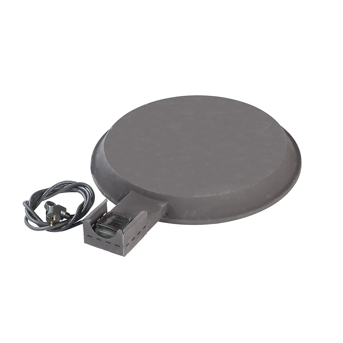 Graue Crêpes-Platte mit Stecker und Kabel vor weißem Hintergrund.