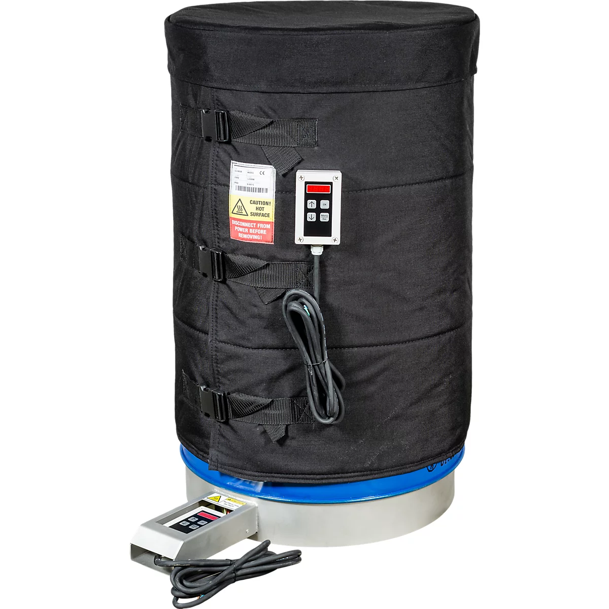 Schwarzer Zylinder mit Temperaturregler, Warntafel und Spannverschlüssen.