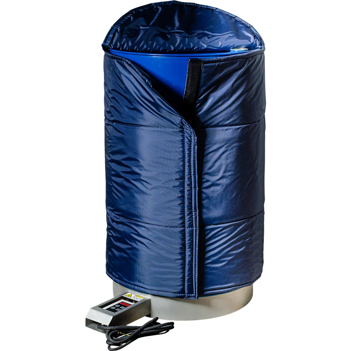 Blauer, zylindrischer Tank mit isolierender Hülle, Bedienfeld, Kabel.