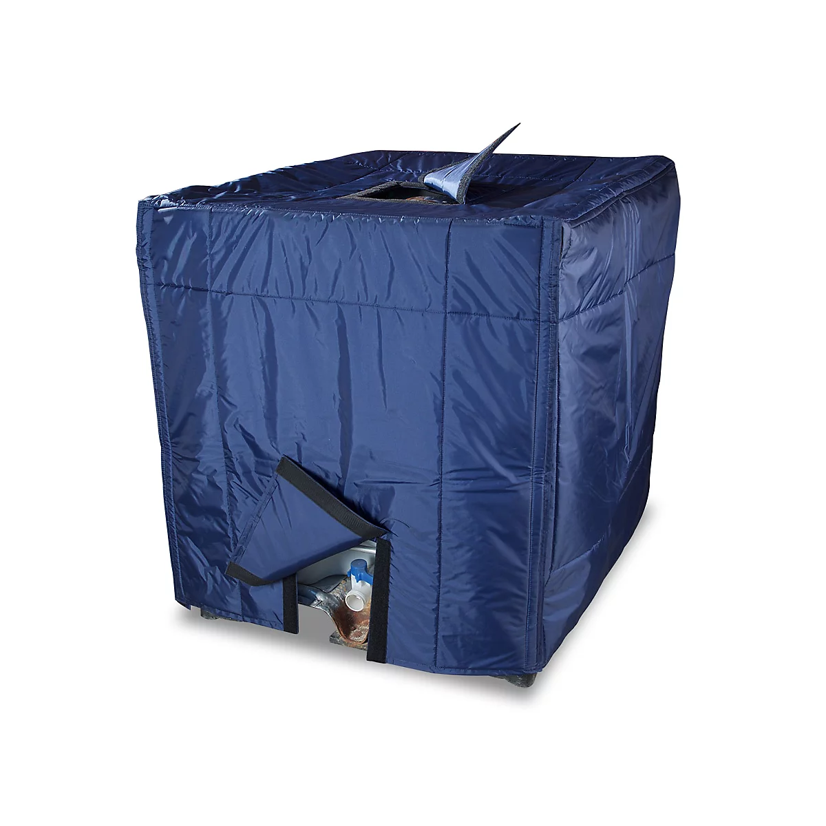 Blauer, gepolsterter Kasten, teilweise geöffnet, mit Reißverschluss und Klappe. Unten ist ein Gerät zu sehen.