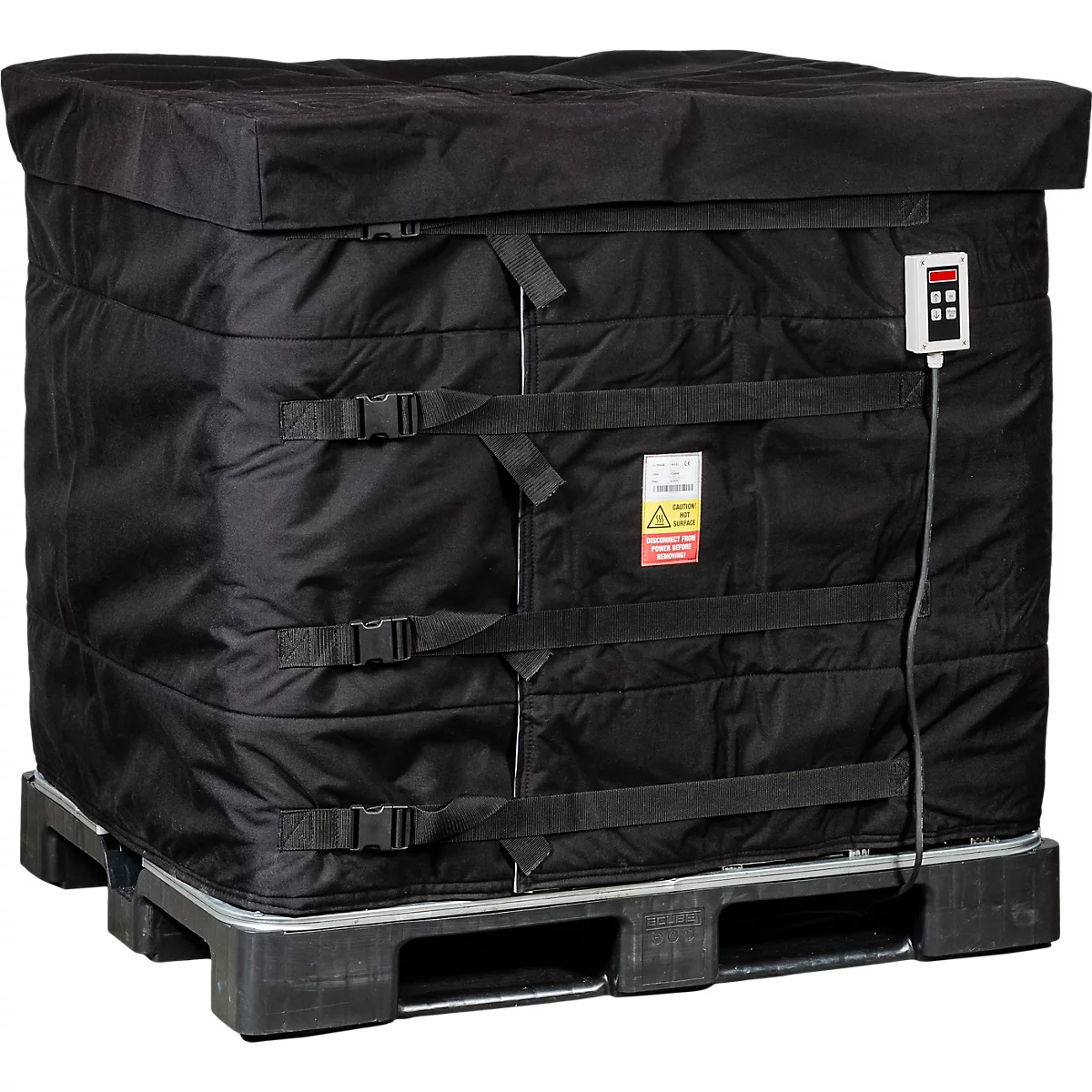 Schwarze, isolierte Transportbox mit schwarzen Gurten und Kontrollanzeige. Steht auf einer grauen Palette.