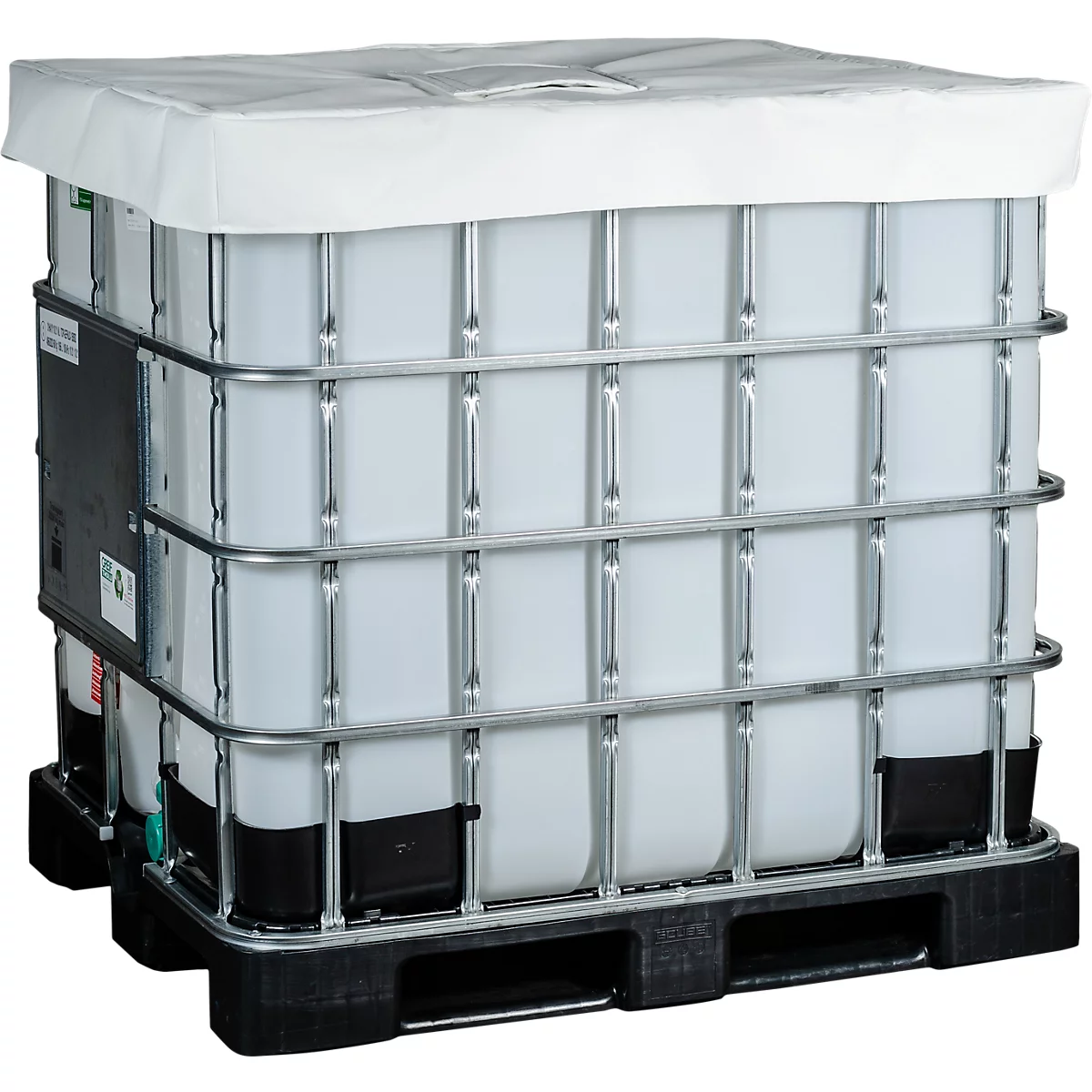 Grote witte container met een rasterframe en deksel op een zwarte pallet. Het product is ontworpen voor transport of opslag.