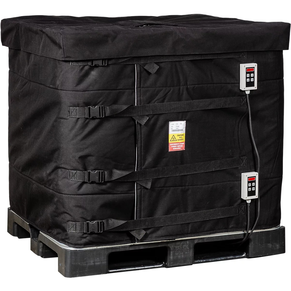 Schwarzer, isolierter Container auf einer Palette, mit Gurten und elektronischen Temperaturanzeigen.