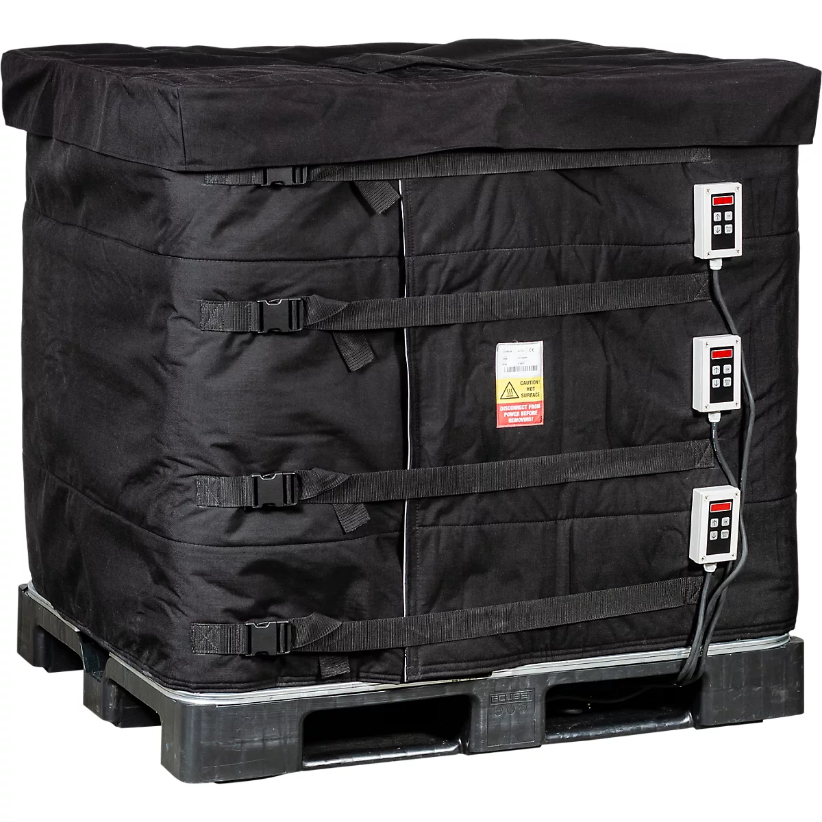 Schwarze isolierte Transportbox mit Spanngurten und Temperaturanzeigen auf einer Palette.