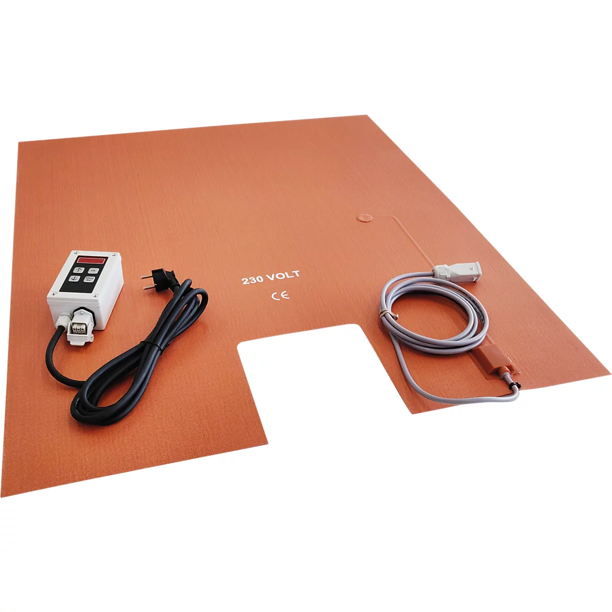 Orangenes Heizkissen mit Bedienelement und Kabeln. Aufdruck: 230 Volt.