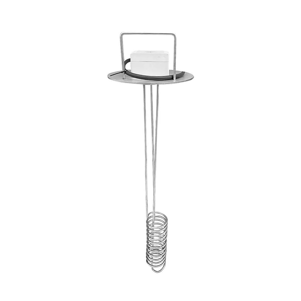 Metallbehälter mit Spirale. Auf einer runden Platte sitzt ein weißer Kasten mit Halterung.