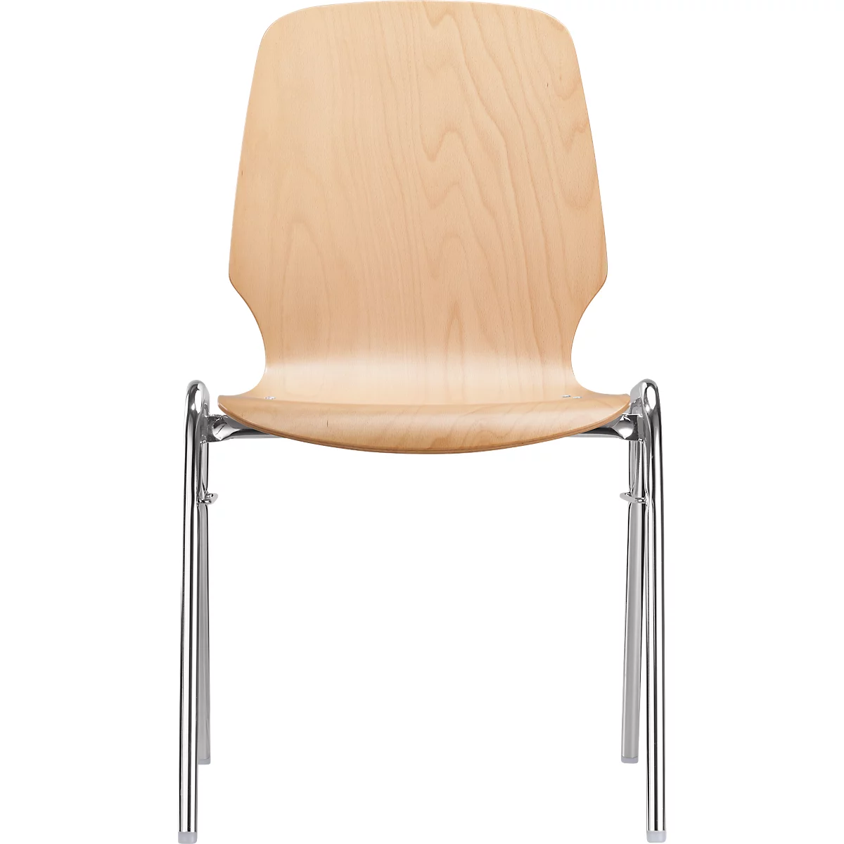 Stoel van licht hout met een verchroomd stalen frame.