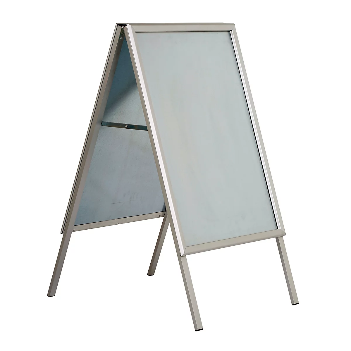 Silberner Kundenstopper aus Aluminium in A-Form mit leerer Fläche.