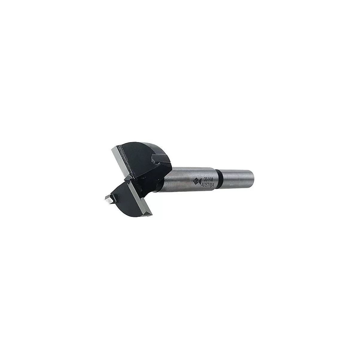 Close-up van een boor. Zwarte boorkop met scherpe snijkanten, grijze schacht. Opschrift: 35 HM AUSTRIA.