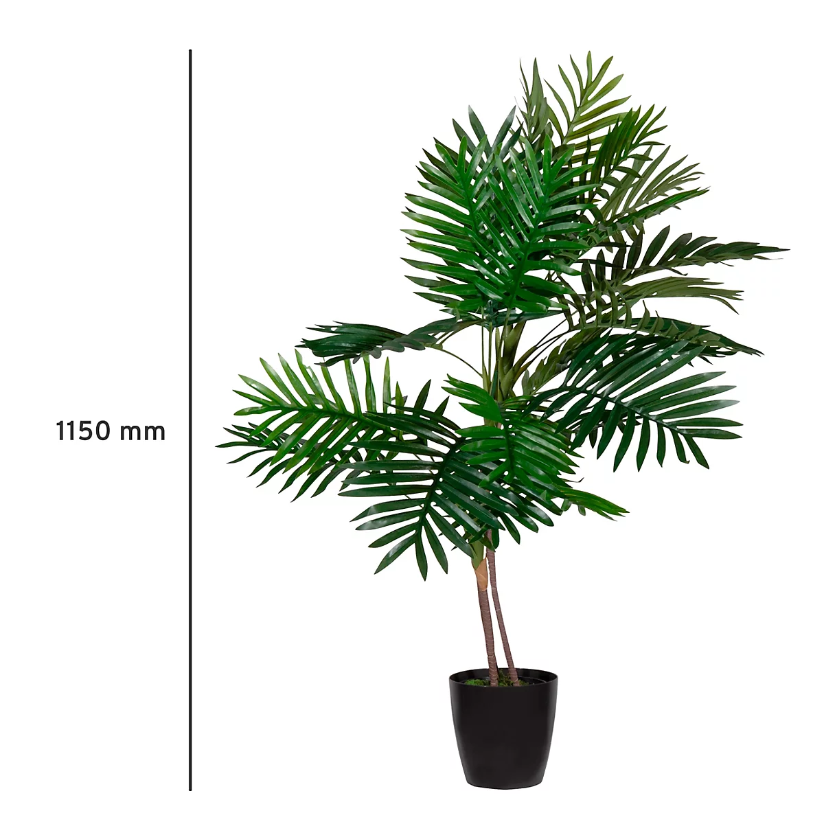 Groene kunstpalm in een zwarte pot, met hoogte aangegeven als 1150 mm.