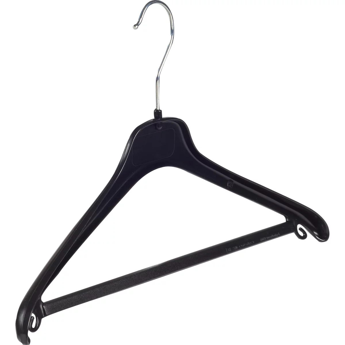 Zwarte kledinghanger met metalen haak.