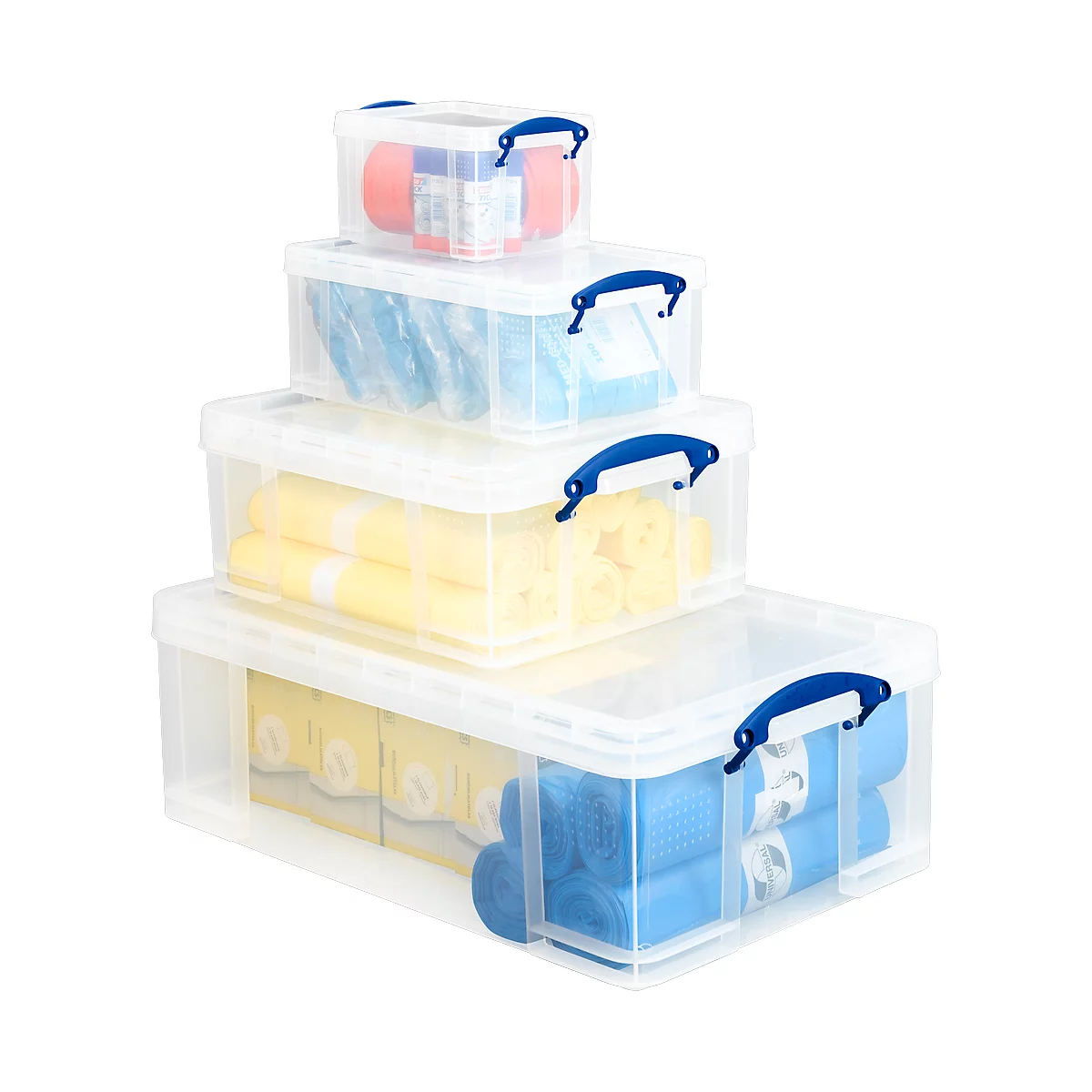 Kunststof opberdozen Really Useful Boxes, transparant, met deksel, 1x 50 l, 1x 18 l, 1x 3 l en 1 opbergdoos 1x 9 l GRATIS 