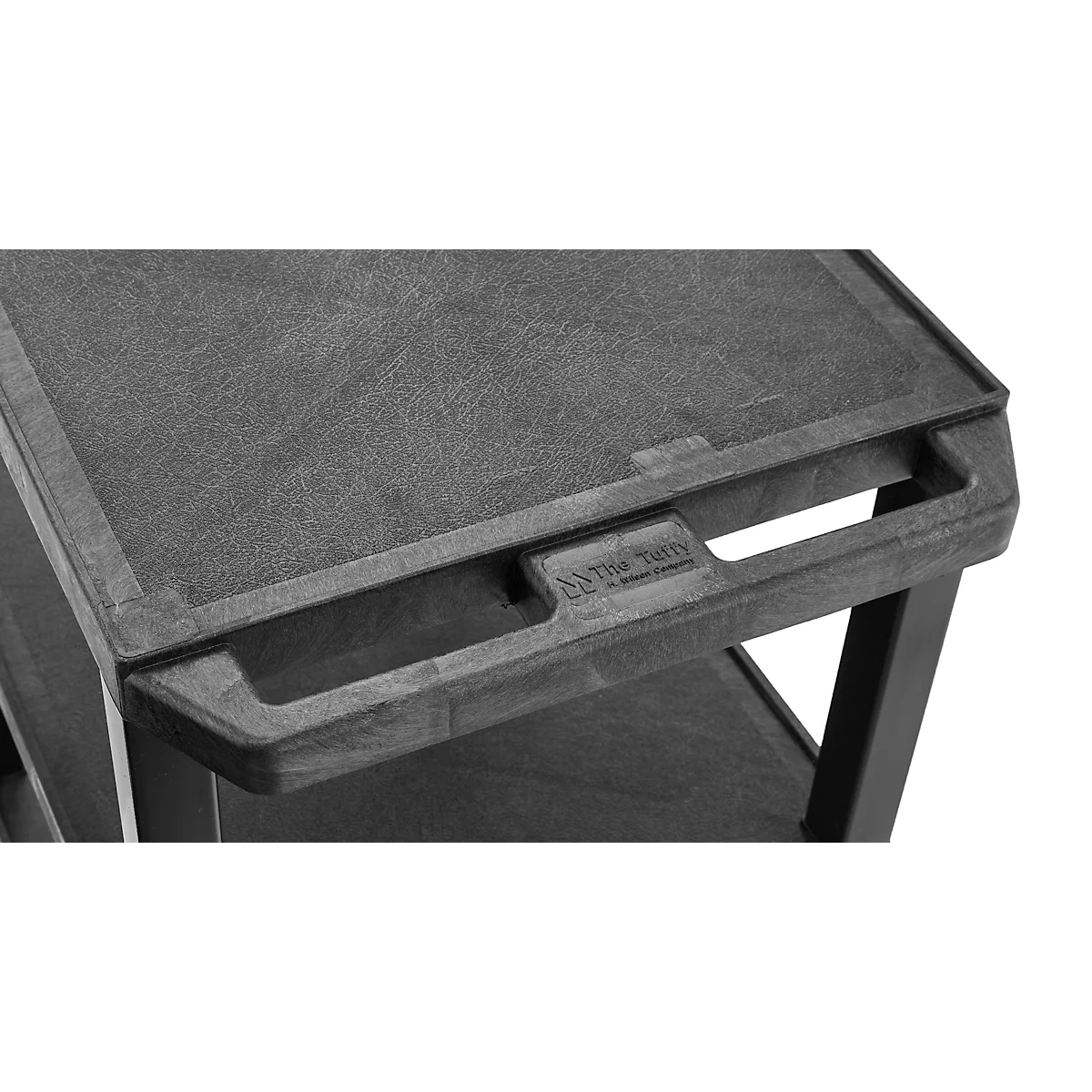 Detailaufnahme eines grauen Servierwagens mit Griff. Auf dem Griff ist ein Schriftzug eingeprägt.