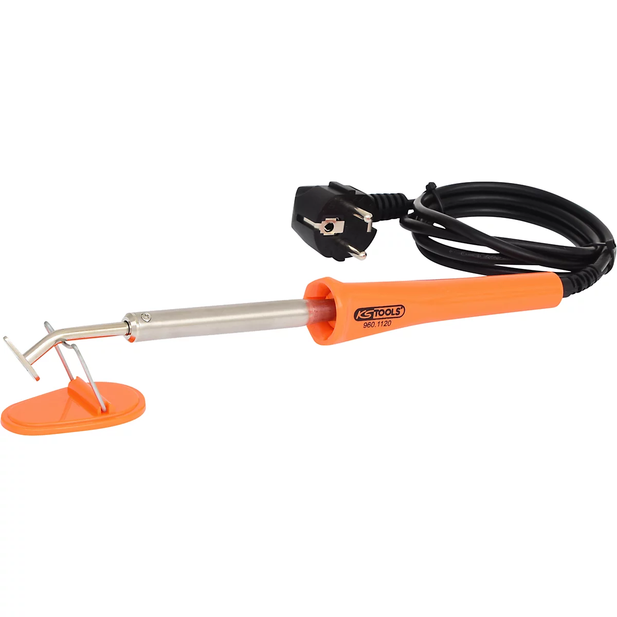 Ein orangefarbener Lötkolben mit schwarzem Kabel und Stecker. Der Lötkolben liegt auf einem orangefarbenen Ständer.