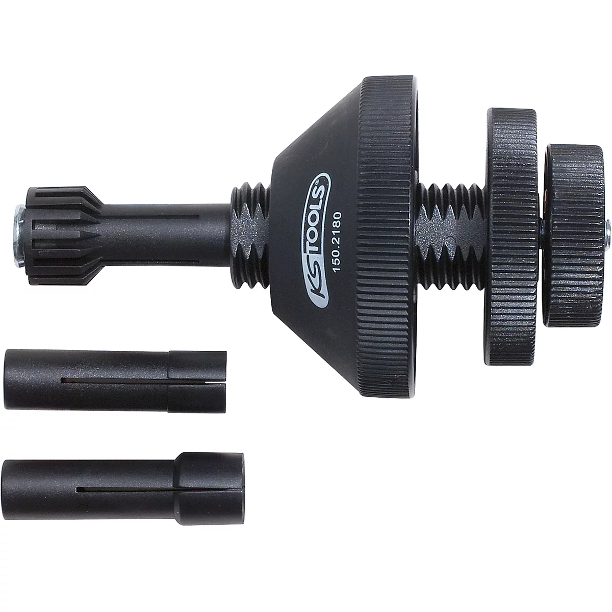 Schwarzes Werkzeug von KS TOOLS. Bestandteile: Kegel, Schrauben, zwei Hülsen.