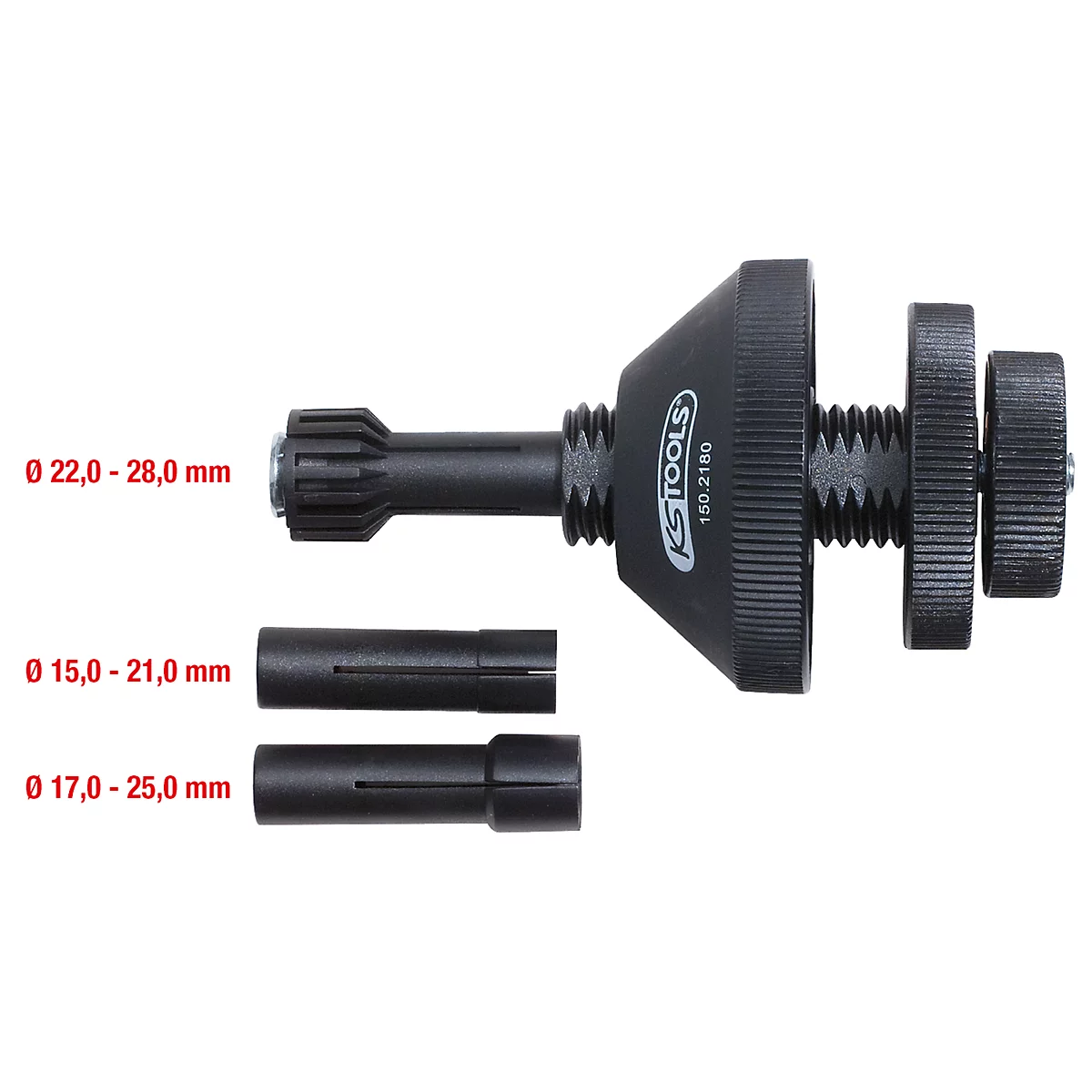 Schwarzes Werkzeug zur Demontage mit Größenangaben: Ø 22,0-28,0 mm, Ø 15,0-21,0 mm, Ø 17,0-25,0 mm. Hersteller-Logo.