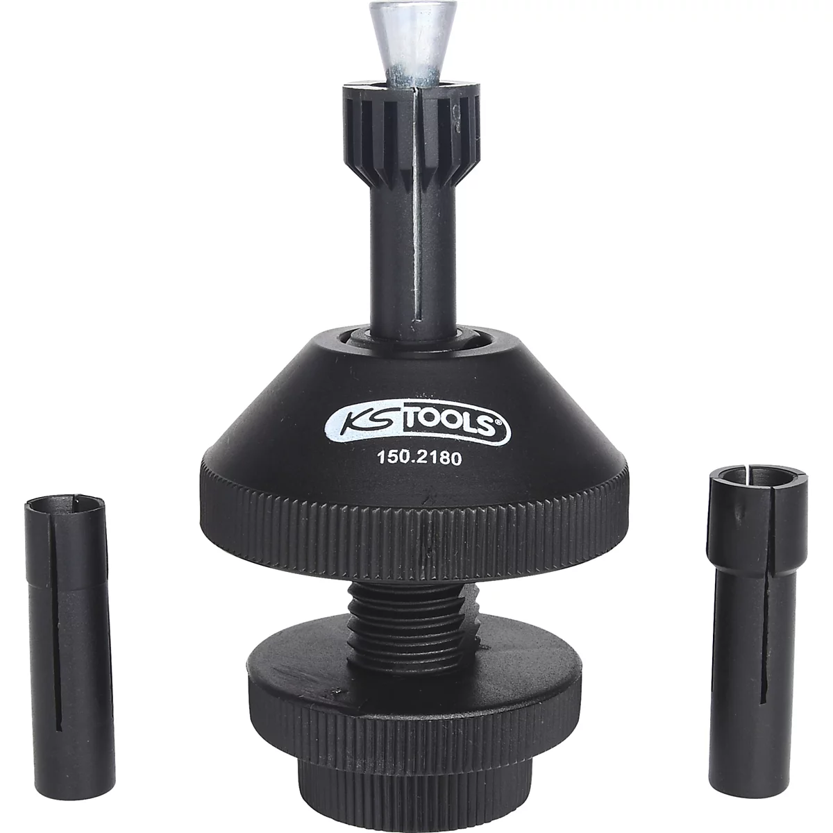 Schwarzes Werkzeug, bestehend aus Schraubzwinge, Kegel und zwei Hülsen.