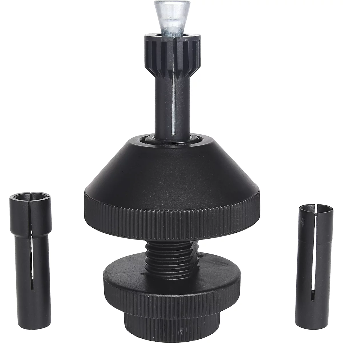 Schwarzes Spezialwerkzeug mit Gewinde, Kegel und zwei zylindrischen Teilen.