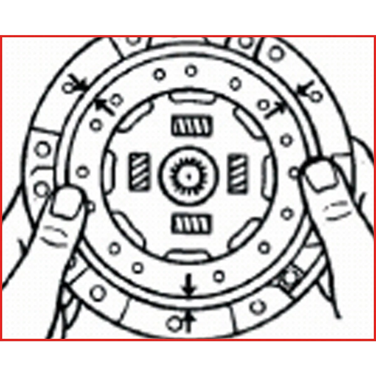Nahaufnahme einer Kupplungsscheibe, die von zwei Händen gehalten wird. Pfeile markieren die Ausrichtung. Der Hintergrund ist weiß.