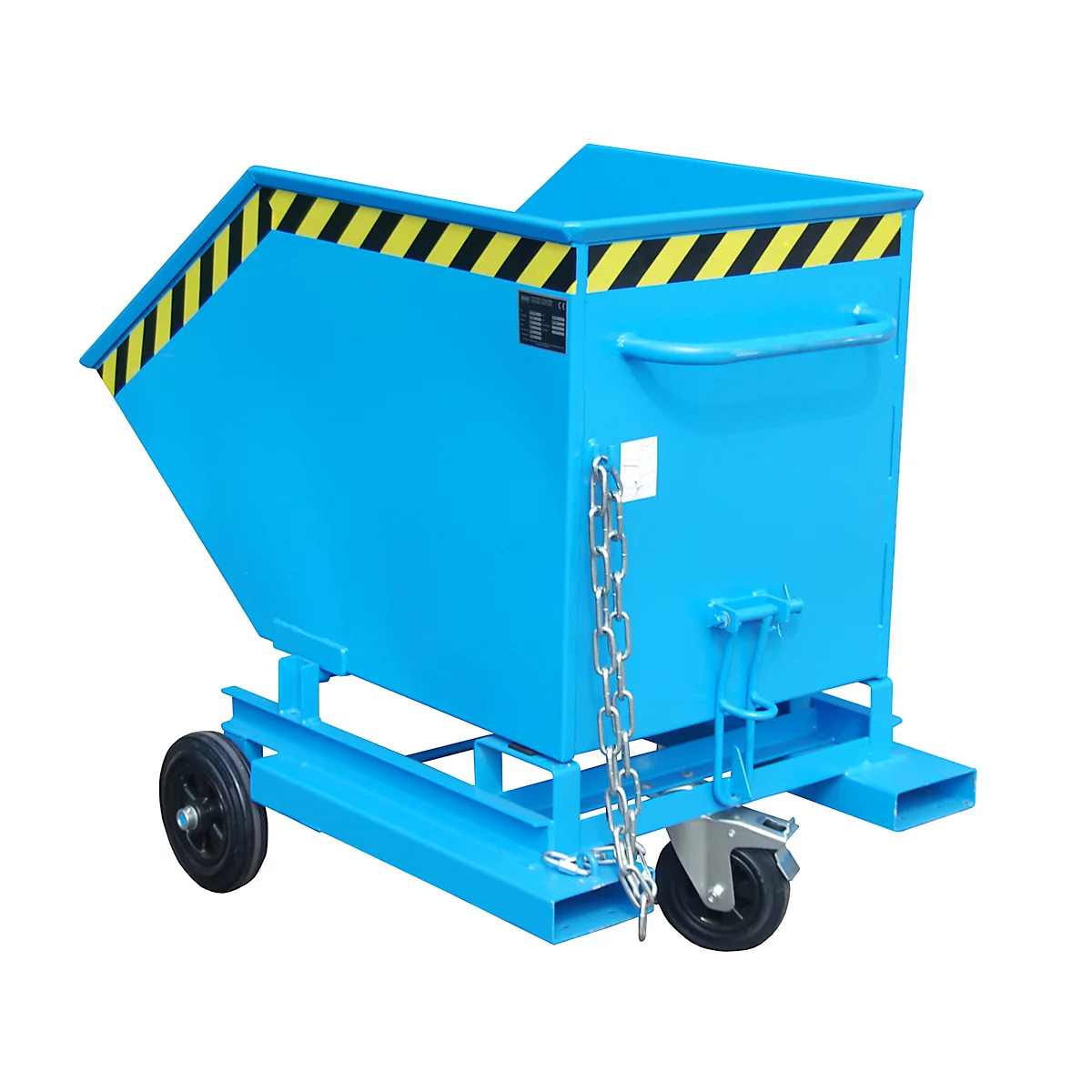 Blue metal container on wheels. Yellow and black warning markings on top edge. Chain and handle present.