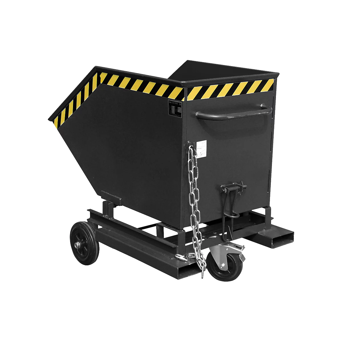 Black tipping container on wheels, with yellow and black warning stripes. Chain and rollers visible.