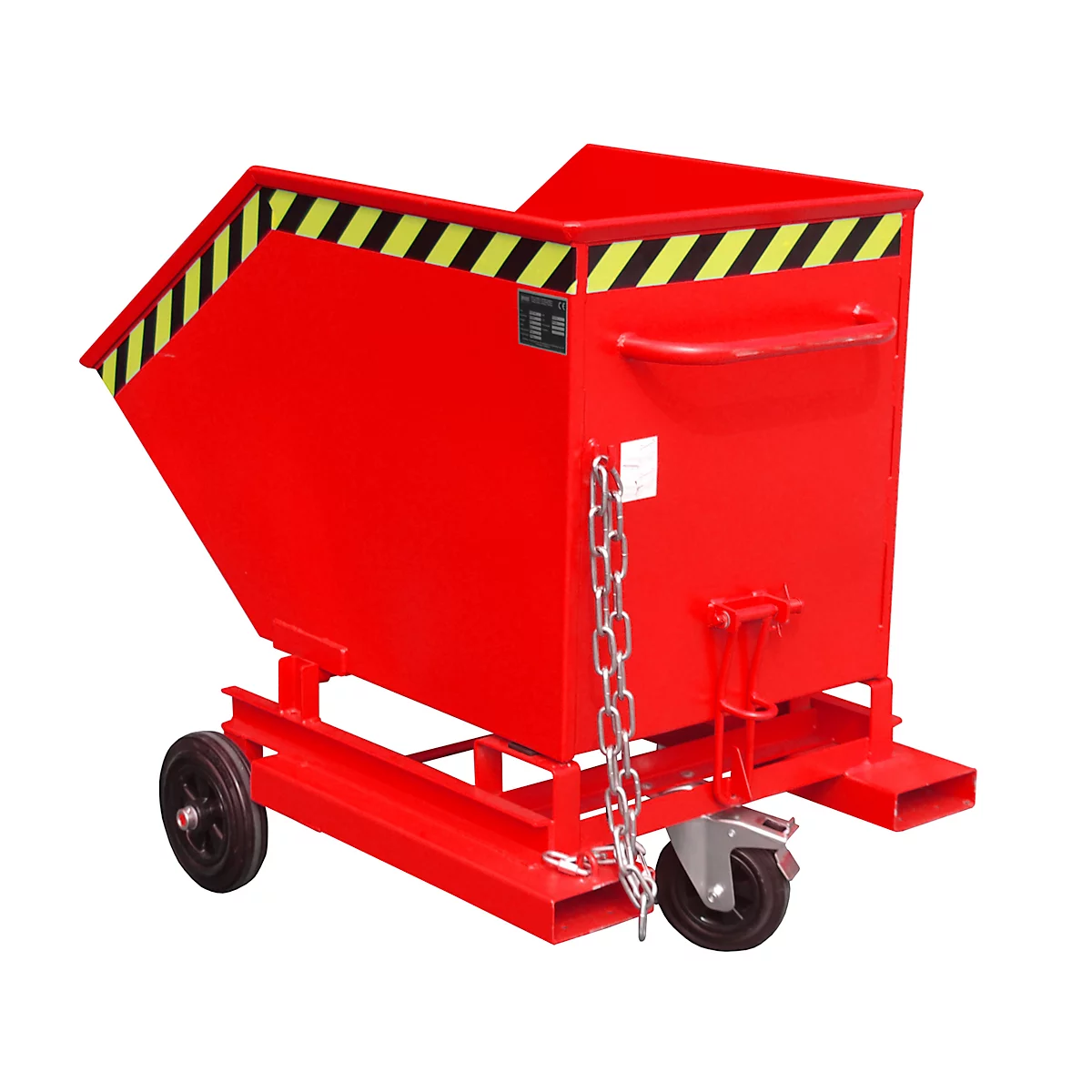 Red tipping container with yellow-black warning marking, castors and chain.