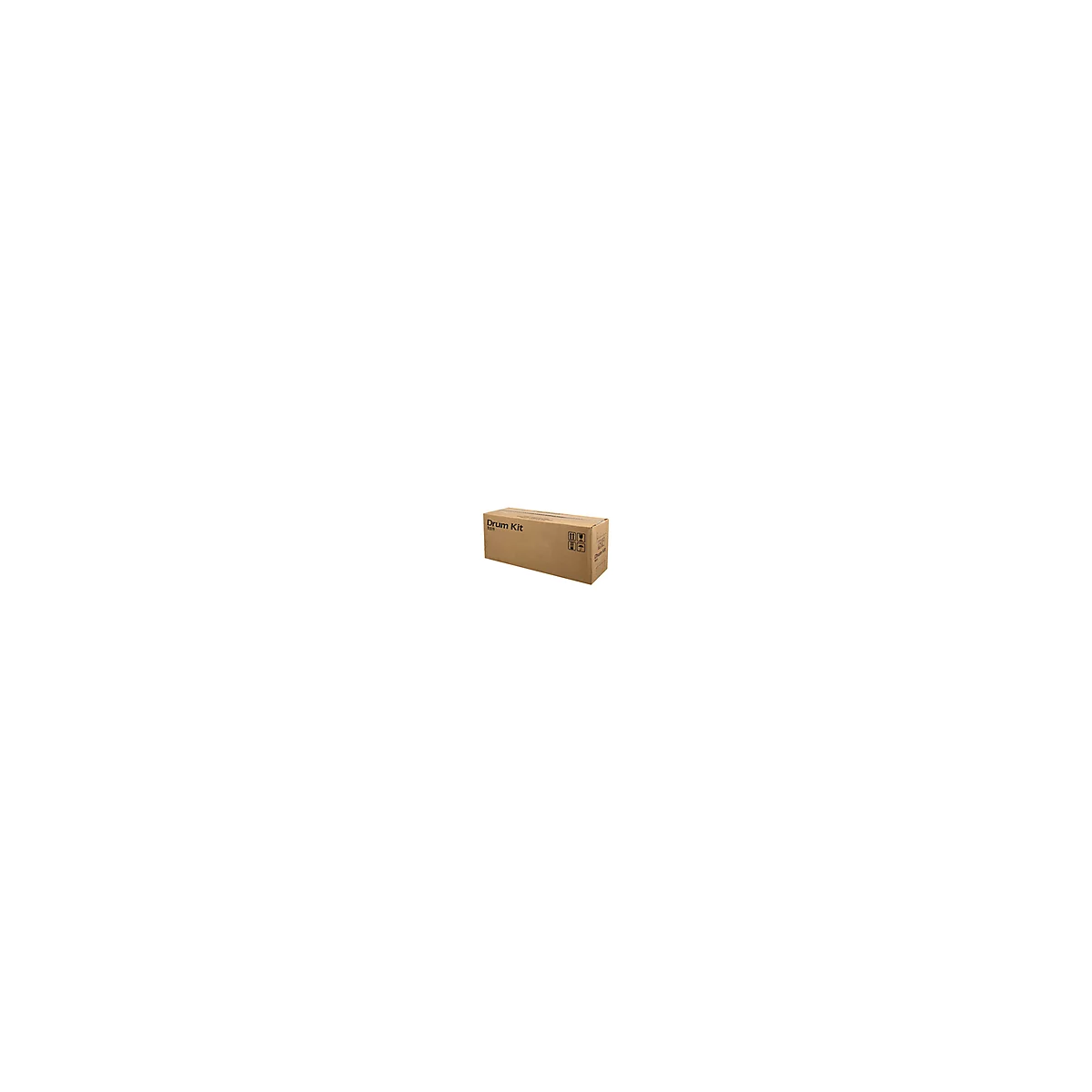 BoÃ®te en carton rectangulaire marron avec les mots 'Drum Kit'. Pictogrammes sur le cÃ´tÃ©.