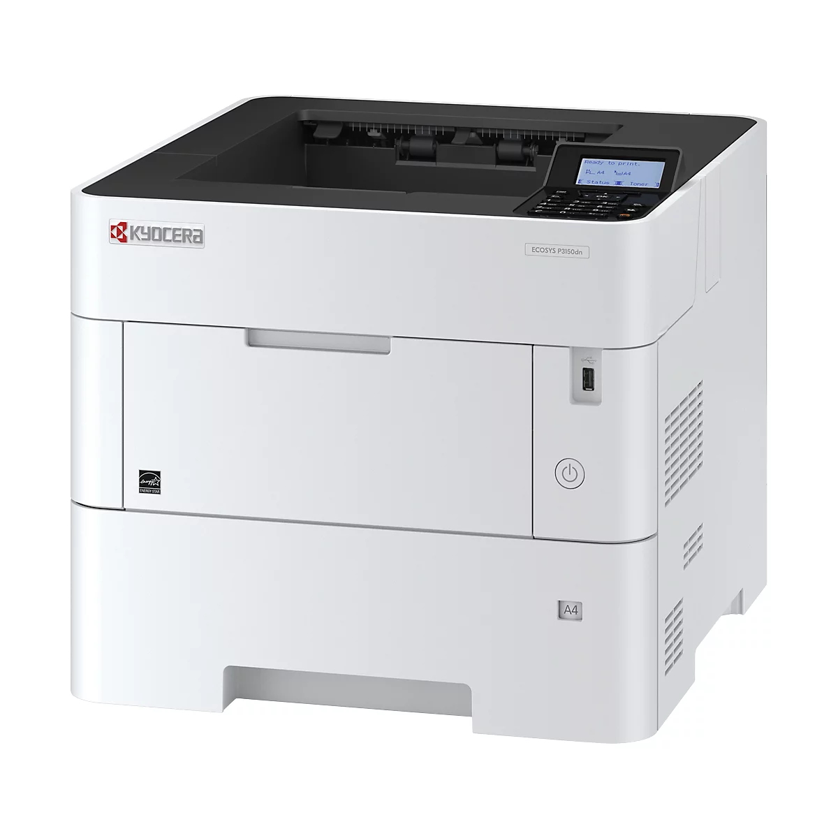 Weißer Kyocera-Laserdrucker mit Bedienfeld, Ein-/Ausschalter und Papierfach. Logo und Modellbezeichnung sind sichtbar.