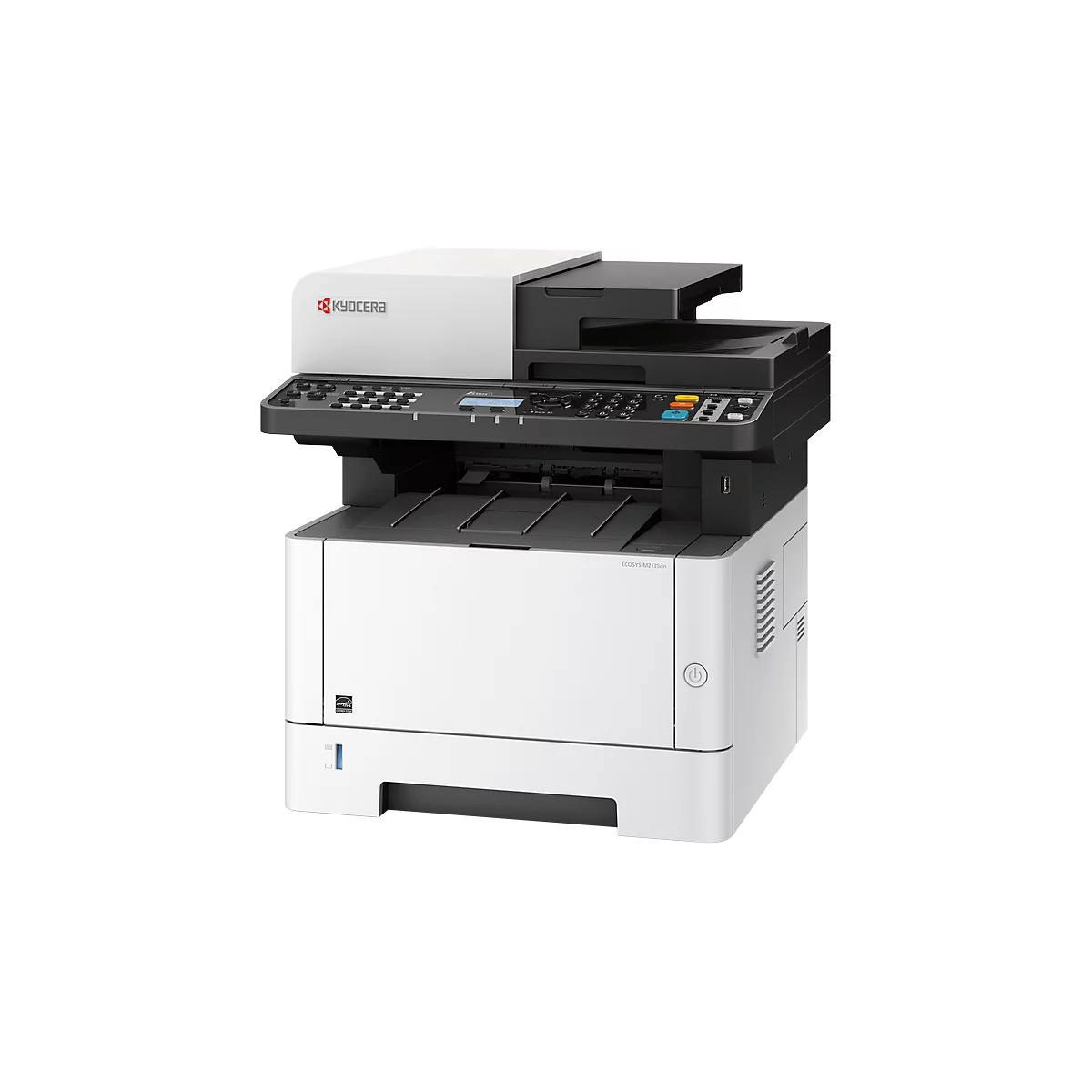 A white and black Kyocera multifunction printer. The control panel and top cover are black, the rest is white.