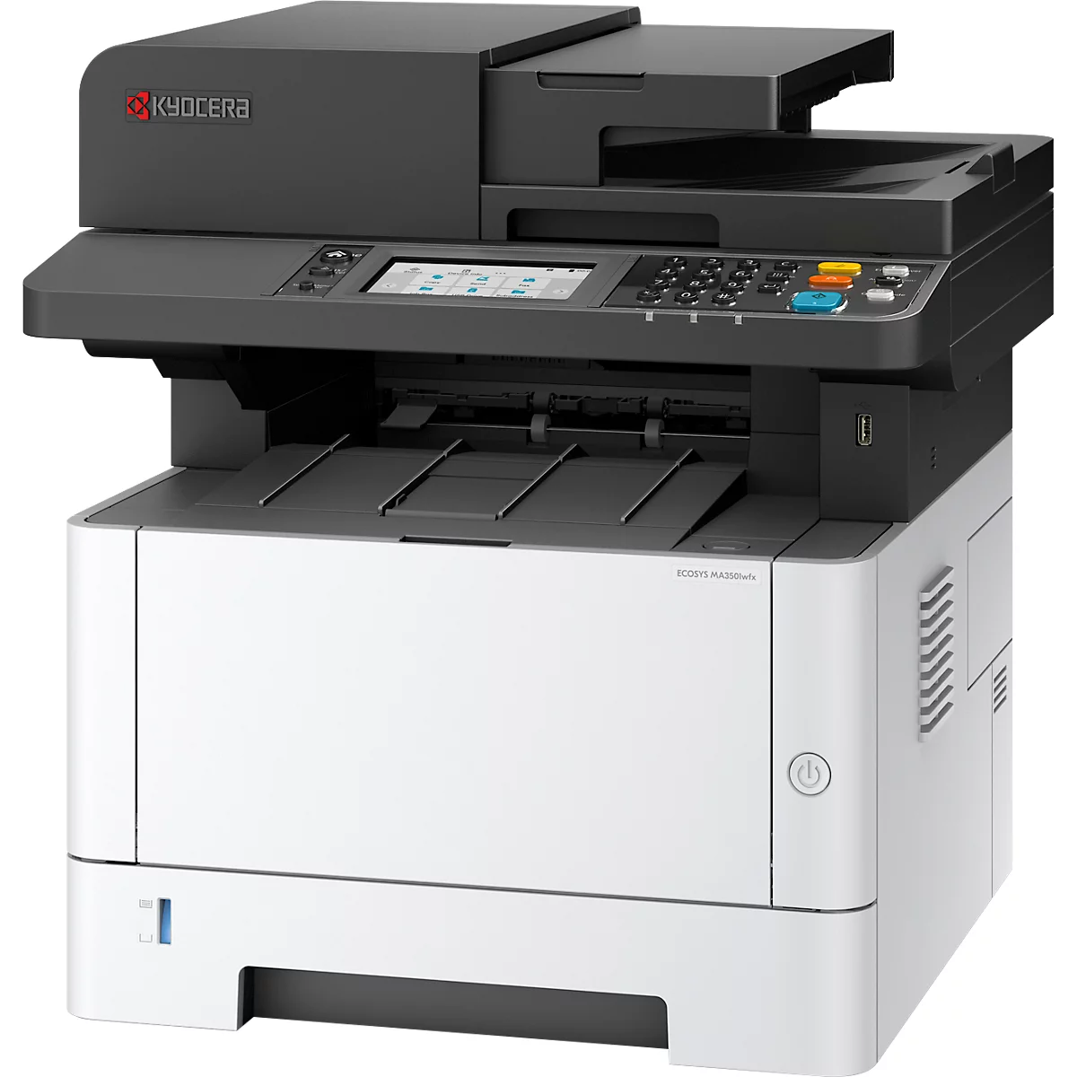 Schwarz-weißer Kyocera-Multifunktionsdrucker. Oben befindet sich ein Scanner und ein Bedienfeld mit farbigen Tasten. Die Schriftzüge Kyocera und die Modellbezeichnung sind sichtbar.