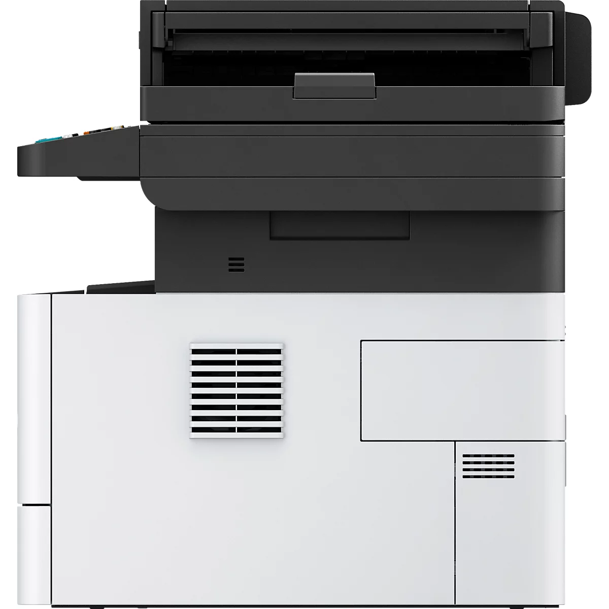 Ein weiß-schwarzer Multifunktionsdrucker im Profil. Oben ein Einzug, darunter ein Bedienfeld mit Tasten.