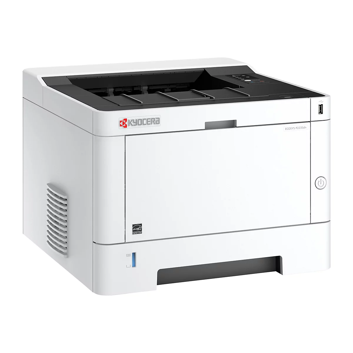 Weißer Kyocera ECOSYS P2235dn Drucker mit schwarzem Papiereinzug. Aufkleber mit dem Energy Star Logo und der Aufschrift 'ECOSYS P2235dn'.