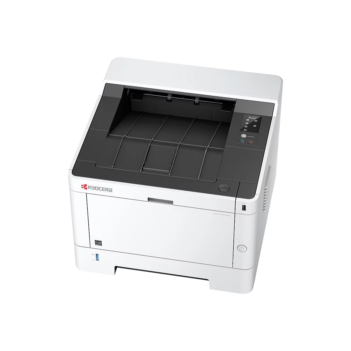 Draufsicht eines weißen Kyocera ECOSYS P2235dn Laserdruckers. Oben ein schwarzes Fach, daneben Bedienelemente. Logos.