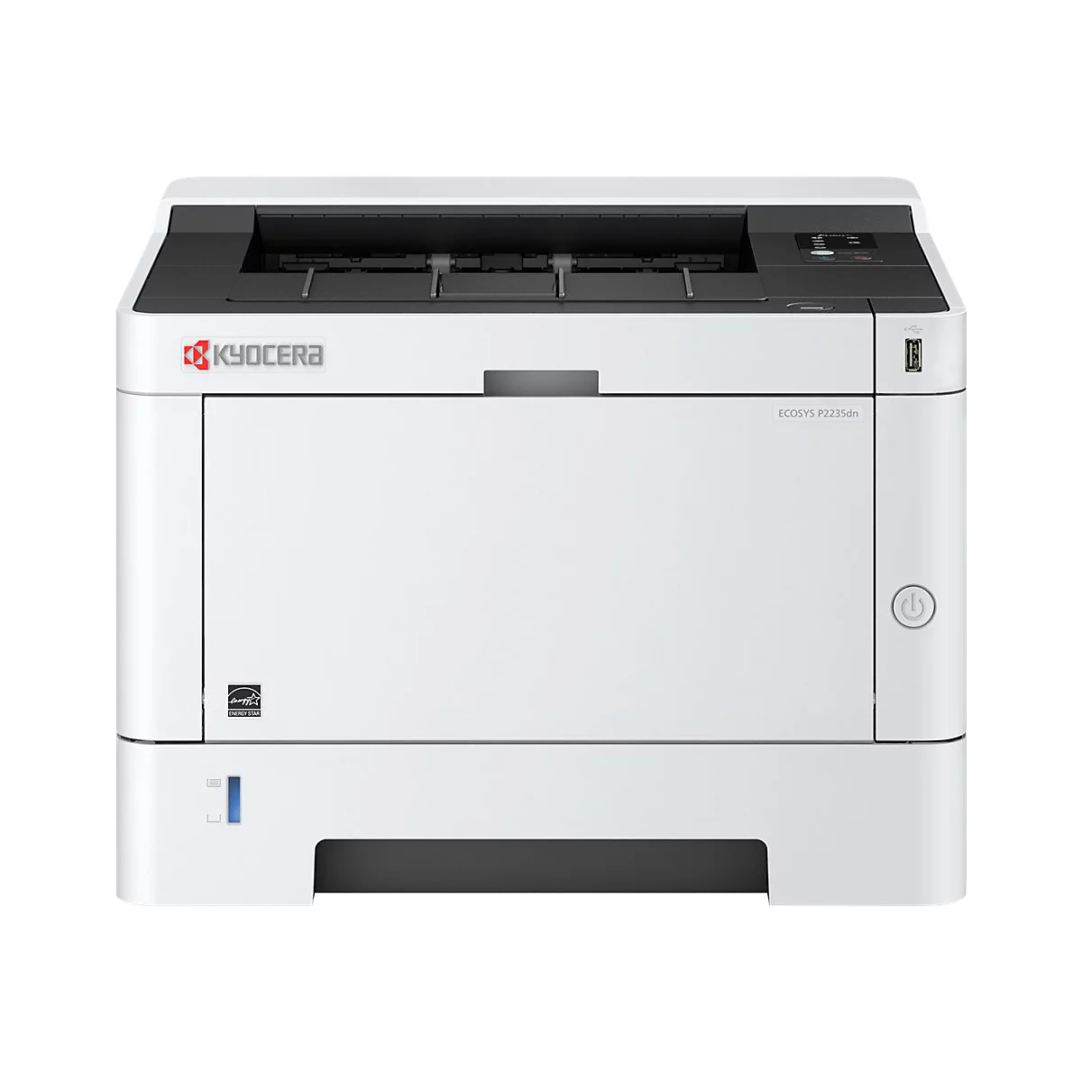 Weißer Drucker, Kyocera ECOSYS P2235dn, mit Power-Knopf und USB-Anschluss.